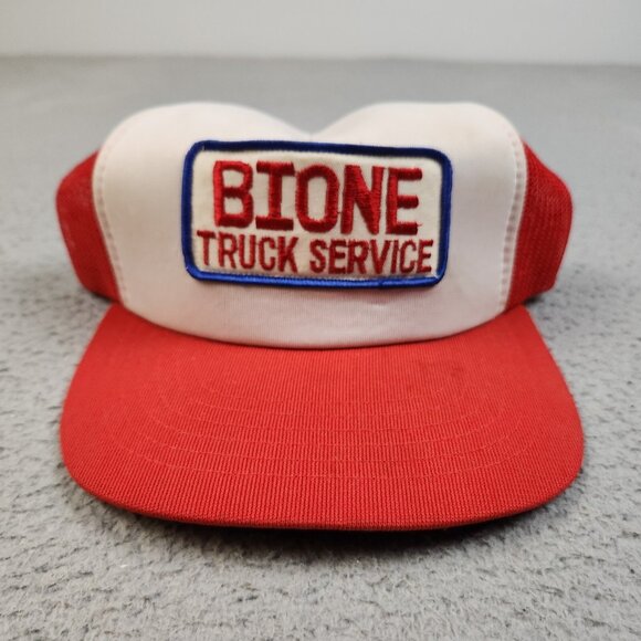 Vintage Trucker Hat Snapback Cap Bione Truck Service Red White Patch Foam Mesh - Picture 1 of 10